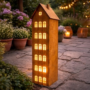 Decoratief roestig metalen huis - lantaarn met roesteffect, tuin- en tafeldecoratie, metalen huis in vintage stijl, 75 cm XL, roestige decoratie