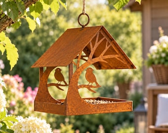 Weathered steel birdhouse for hanging, 25 cm – metal bird feeder – birdhouse with tree – garden decoration, rust