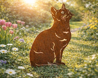 Chat décoratif de jardin avec papillon, figurine en métal effet rouillé, sculpture de jardin, décoration en métal rouillé, piquet de jardin