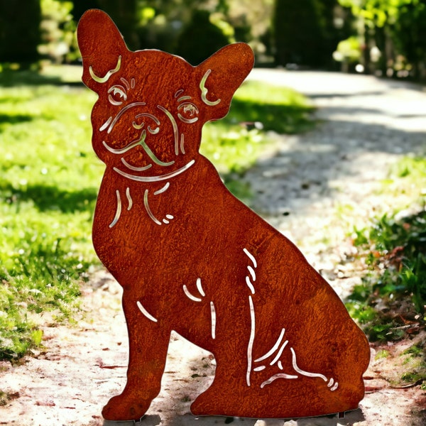 Franse bulldog patina hond tuinstaak tuindecoratie gemaakt van roest metalen decoratie roestlook roestfiguren dieren roestfiguren tuinroestdecoratie
