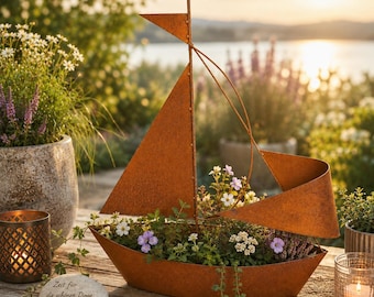 Metal sailboat planter – rust look – nautical garden decoration – decorative boat with sails – planter ship – gift for garden lovers