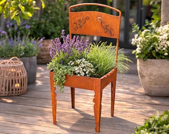 Planting chair, rust-colored, weathered steel, garden decoration, flower stand, planter, plant chair, garden decoration, flower pot