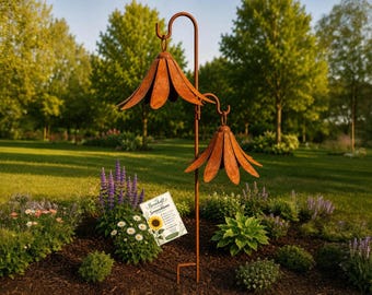 Roestige metalen bloemstokken, set van 2, 118 cm, tuindecoratie, metalen tuinstokken, roestige decoratie, bloemstokken, tuindecoratie, cadeau-idee