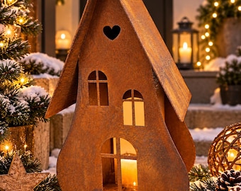 Rusty metal heart-shaped house – Winter decoration with fairytale charm, Christmas decoration house 24 cm