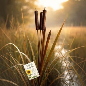 Könnte beinhalten: Ein Bündel brauner Rohrkolben steht aufrecht, begleitet von einer kleinen rechteckigen Samentüte mit einer Sonnenblumenillustration und dem Text "Bernhoft Sonnenblume" sowie weiteren Aufdrucken, vor einem unscharfen Naturhintergrund.