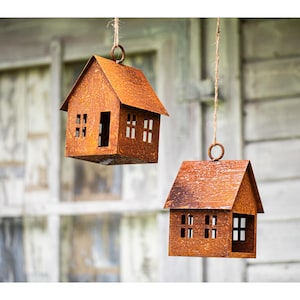 Set of 2 Rusty Garden Lights, Windlights, Birdhouses, Hanging Light Houses, Garden Decorations, Candle Houses, Autumn Decorations