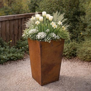 Könnte beinhalten: Ein hoher, quadratischer Pflanzkübel mit verwittertem Aussehen, gefüllt mit weißen Tulpen, Narzissen und anderem Grün. Der Pflanzkübel besteht aus rostbraunem Metall und steht auf einem Kiesweg, mit einem Holzzaun und Laub im Hintergrund.