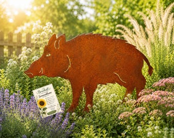 Edelrost Wildschwein Gartenfigur Metall Gartendeko Rostdeko Tierfigur Wildschwein Beetdeko Garten Dekoration Geschenkset Sonnenblumensamen