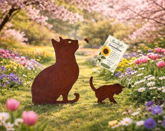 Chat et chaton décoratifs pour jardin, lot de 2, figurine en métal effet rouillé, sculpture de jardin, décoration en métal rouillé, piquet de jardin, coffret cadeau