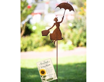 Garden stake, rusted metal, girl with umbrella, garden decoration, gift set for garden lovers including exclusive sunflower seed packet