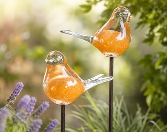 2er Set Glasvögel Orange Gartenstecker Handarbeit Glasvogel Vogelstecker Gartendeko Beetdeko Geschenk Garten Dekovögel Metallstab