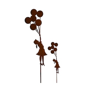 Set of 2 garden stakes girl with balloons flower bed stakes pot stakes metal rust garden decoration rust 110 cm + 75 cm rusty decoration