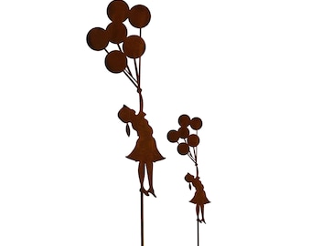 2er Set Gartenstecker Mädchen mit Luftballons Beetstecker Topfstecker Metall Rost Gartendeko Edelrost 110cm + 75cm  rostige Dekoration