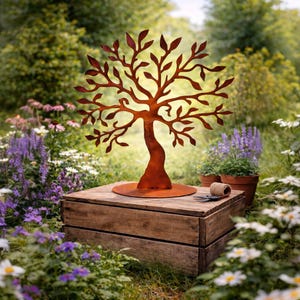 Décoration de jardin en métal rouillé, acier patiné, décoration de jardin rouillé, arbre de vie, décoration de table en acier patiné, aspect métal rouillé, 50 cm x 46 cm