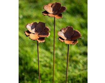 Bornhöft Set of 3 Garden Stakes Poppy Poppy Flower Poppy Capsule Metal Rust Garden Decoration Patina Trellis Bed Stake Pot Stake Natural Rust Blossom