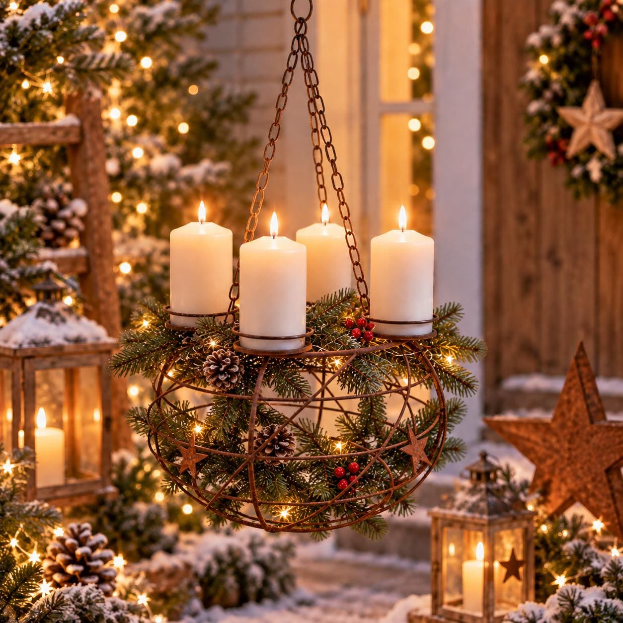 Adventskranz Hängekranz Hänge-Kerzenleuchter Ø 36cm Edelrost Metal Eisen Retro-Braun Dekoration Kerzen Edelrost rostig Kerzenständer