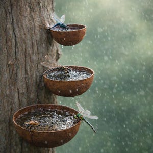 May include: Three small, brown, bowl-shaped bird baths are attached to a tree trunk. Each bowl contains water and a dragonfly. Rain falls in the background, creating a serene outdoor scene. The dragonflies are blue, black, and green.