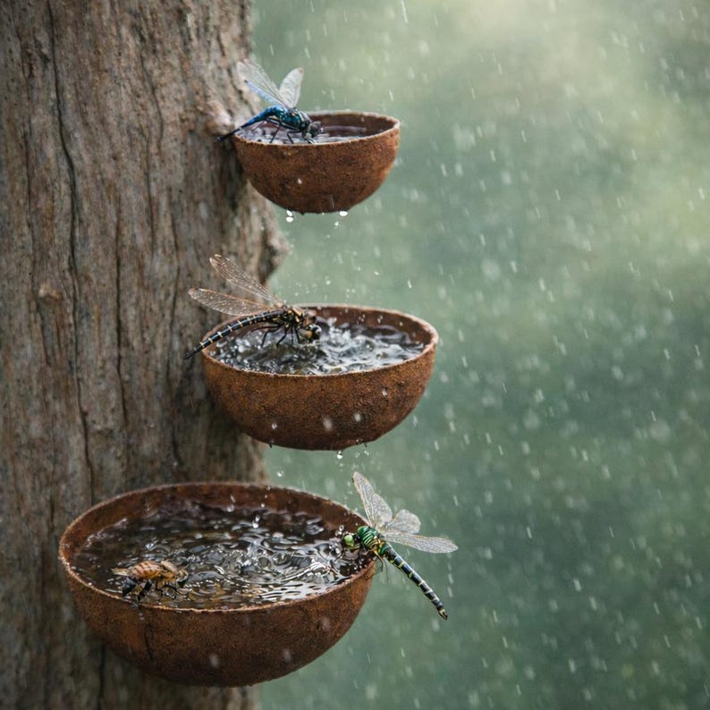 May include: Three small, brown, bowl-shaped bird baths are attached to a tree trunk. Each bowl contains water and a dragonfly. Rain falls in the background, creating a serene outdoor scene. The dragonflies are blue, black, and green.
