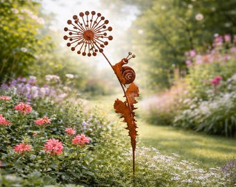 Garden stake dandelion with funny snail made of rust metal rust garden decoration rusty bed stake
