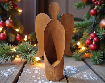 Rustic, weathered steel angel candle holder or planter, atmospheric decoration for Christmas & all year round, 64 cm high