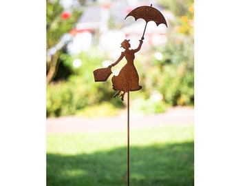 Piquet de jardin femme à l'ombrelle Mary Poppins piquet de lit pot piquet métal rouille décoration de jardin patine 110 cm piquet de lit déco rouillé