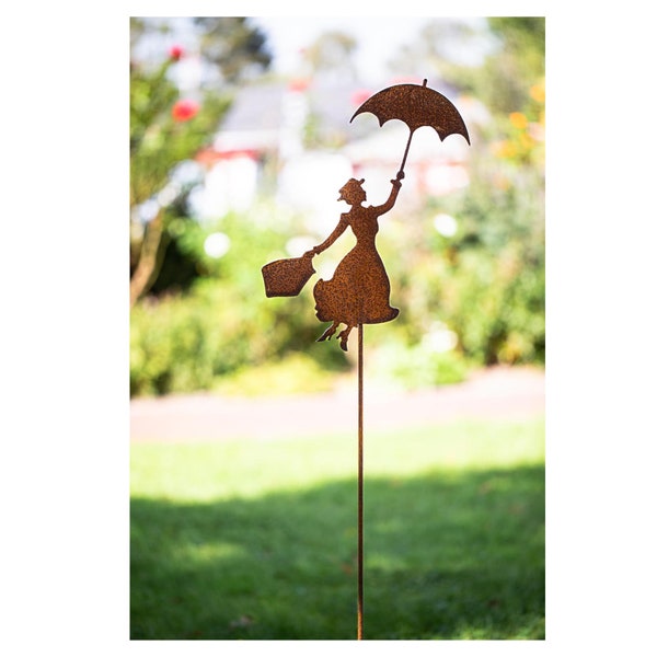 Gartenstecker Frau mit Schirm Mary Poppins  Beetstecker Topfstecker Metall Rost Gartendeko Edelrost 110cm rostige Dekoration Beetstecker