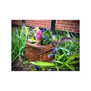 Bolsa con flor para plantar, farol, decoración de camas, metal, óxido, decoración de jardín, pátina, decoración oxidada para el jardín, 17 cm x 22 cm