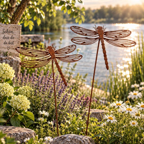 2er Set Libellen Gartenstecker – Edelrost Libelle, Rostdeko aus Metall, Gartendeko, Beetstecker für Garten & Terrasse