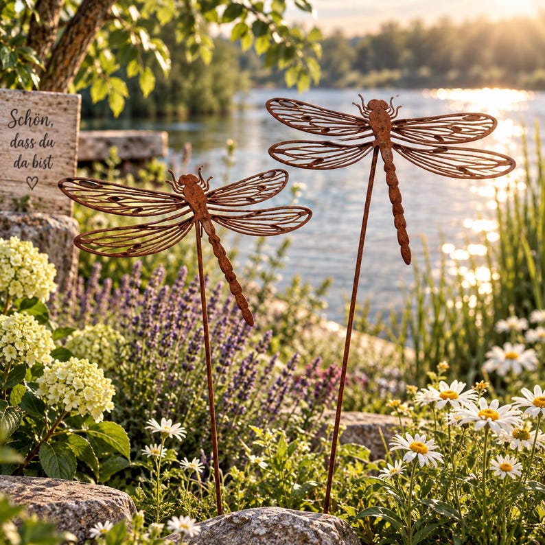 May include: Two rust-coloured metal dragonfly garden stakes with intricate wire-frame wings and segmented bodies. The dragonflies are positioned at different heights among garden flowers, with a stone plaque featuring the text Sch&ouml;n, dass du da bist.