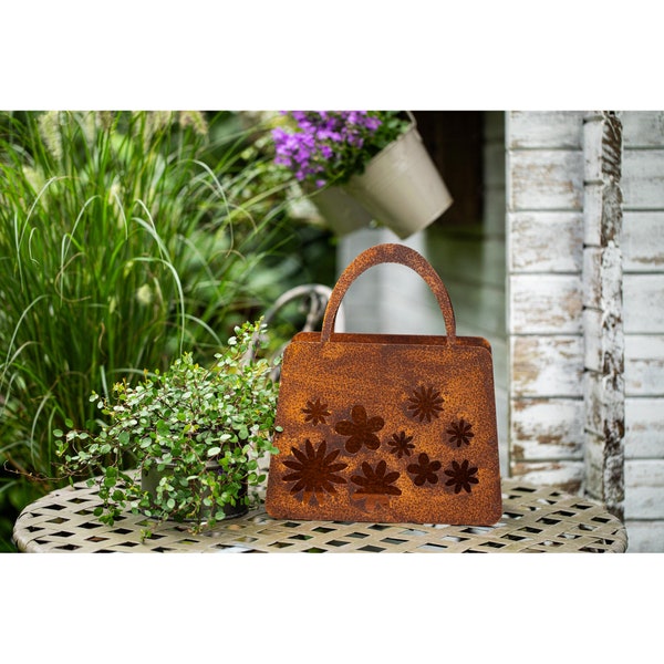 Tasche zum Bepflanzen Windlicht Beetdeko Metall Rost Gartendeko 27cm x 32cm Edelrost rostige Deko für den Garten Blüten Blumen