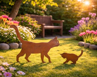 Chat et chaton décoratifs pour jardin, lot de 2, figurine en métal effet rouillé, sculpture de jardin, décoration en métal rouillé, piquet de jardin