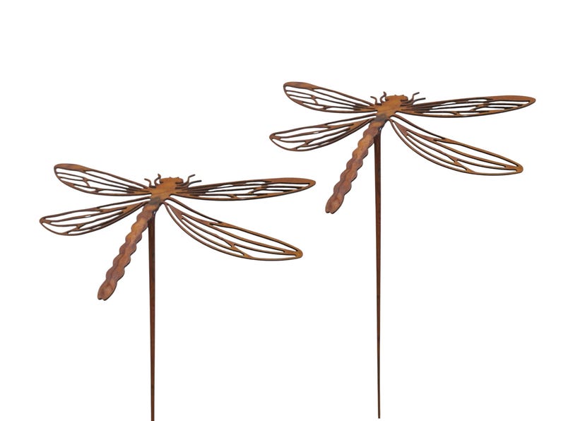 May include: Two rust-coloured metal dragonfly garden stakes. Each dragonfly features an intricate, open-work wing design with a segmented body and a long, thin metal rod extending downwards for placement in the ground or a planter.