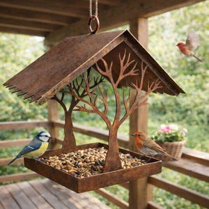 Rustieke tuindecoratie, windlicht, vogelhuisje, tuindecoratie, decoratie, roestige decoratie, landhuis, vogelvoederhuisje, voederstation