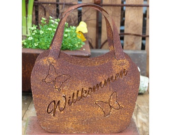 Bag with flowers for planting Lantern bed decoration metal rust garden decoration patina rusty decoration for the garden 24 cm x 22 cm