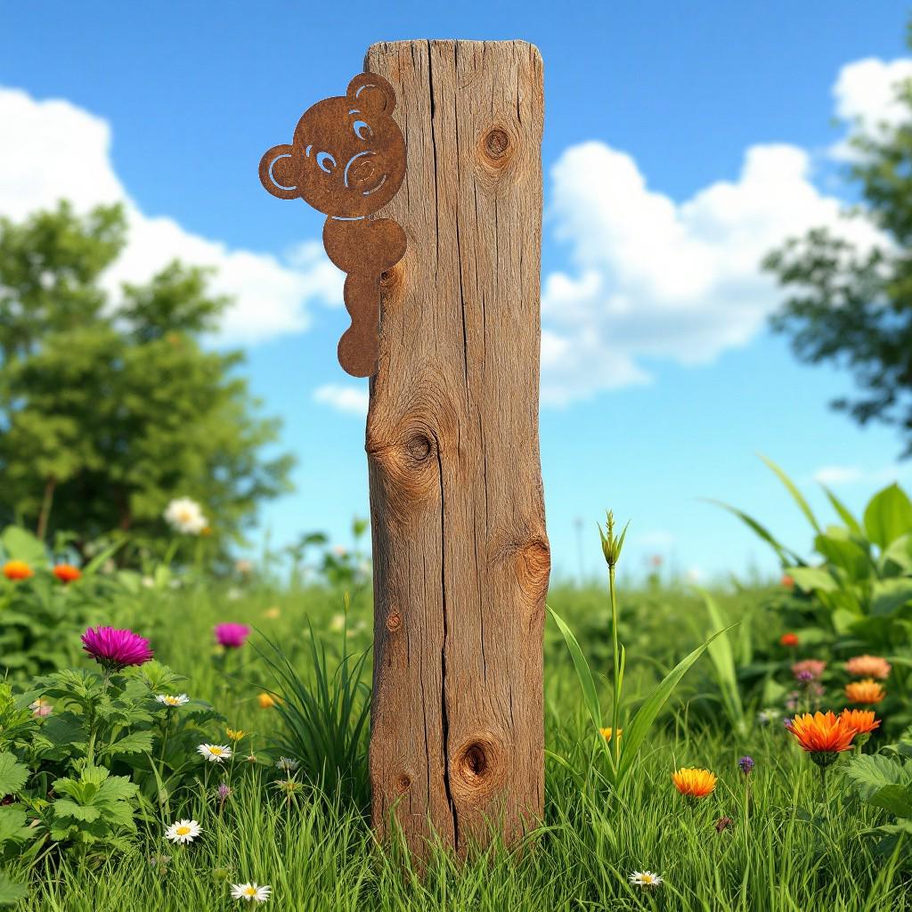 Garden decoration teddy bear made of patina, 30 x 15 cm, weatherproof fence figure for the garden, terrace and balcony, handmade
