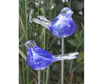 Lot de 2 piquets de jardin en verre pour lit d'oiseau, piquets en métal rouille, décoration de jardin, décoration en verre patiné, décoration de jardin, bleu