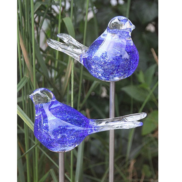 Lot de 2 piquets de jardin en verre pour lit d'oiseau, piquets en métal rouille, décoration de jardin, décoration en verre patiné, décoration de jardin, bleu