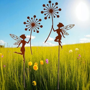 Set di 2 picchetti da giardino, fata che soffia, fiore, picchetto da letto, picchetto da vaso, metallo, ruggine, decorazione da giardino, decorazione arrugginita