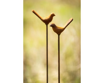 Tuteurs de jardin, lot de 2, oiseaux en fonte, tuteurs pour massifs de fleurs, tuteurs pour pots, métal, rouille, décoration de jardin, décoration en fer patiné, décoration de jardin, oiseaux, oiseau