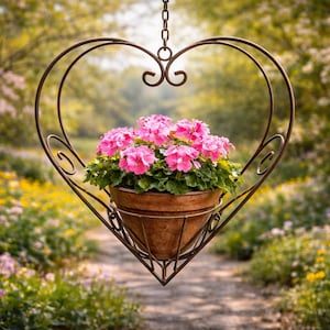 Jardinière suspendue en forme de cœur en métal rouillé, 50 x 46 cm, porte-pot de fleurs décoratif pour jardin, panier suspendu vintage en métal en forme de cœur, décoration de jardin rouillée