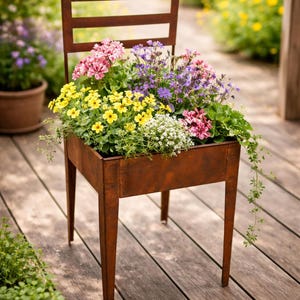 Planting chair, rusted metal garden decoration, garden chair, planter, gift set for garden lovers including exclusive sunflower seed packet image 3