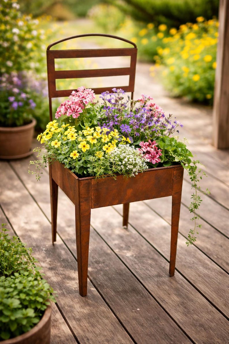 Planting chair, rusted metal garden decoration, garden chair, planter, gift set for garden lovers including exclusive sunflower seed packet image 3