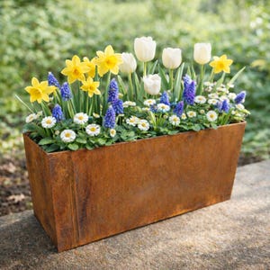 Metalen plantenbak met een rustieke patina, rechthoekige bloempot met roestafwerking – moderne balkonplantenbak, tuindecoratie, industriële stijl, XXL