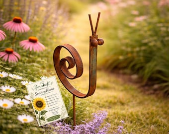 Garden stake snail, weathered metal garden decoration, gift set for garden lovers, rusted garden decoration including exclusive sunflower seed packet