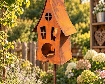 Birdhouse garden stake, rusted metal – Rustic birdhouse made of metal, garden decoration on a stake, rust decoration for garden & terrace