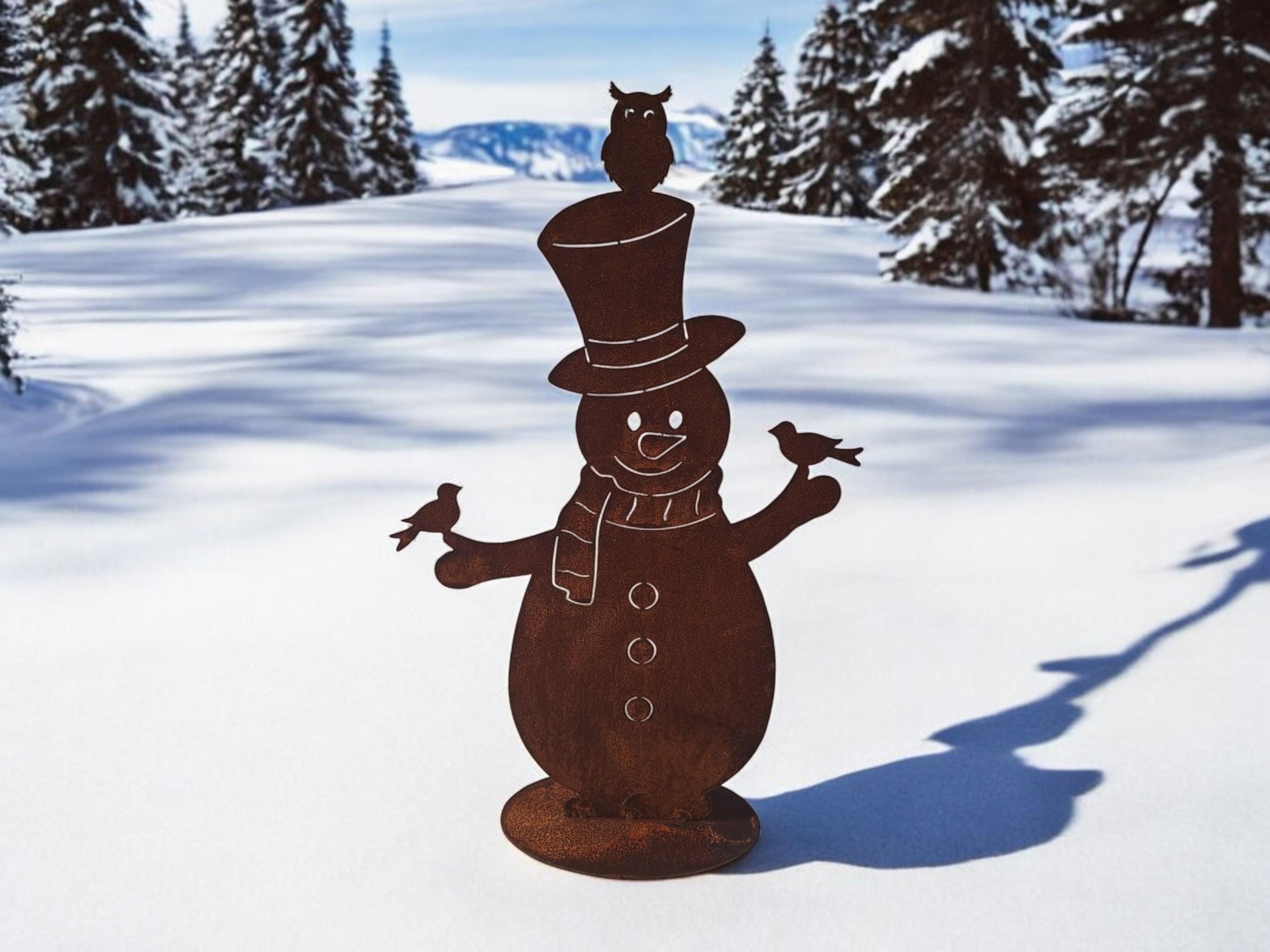 Figura Decorativa In Metallo Ruggine - Pupazzo Di Neve 15x15 Cm - Da Appendere O Spina Da Giardino