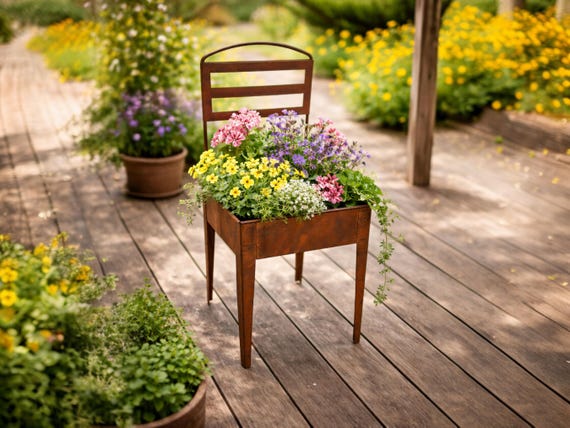 Stuhl zum Bepflanzen Rost Edelrost Gartendekoration Blumenständer Pflanzgefäß  Pflanzstuhl Garten Dekoration Blumenkübel