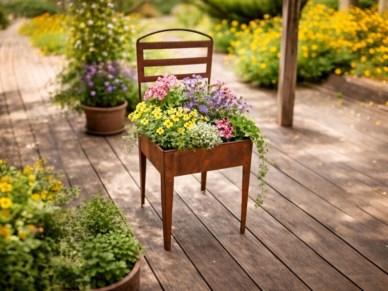 May include: A rustic, brown metal chair-shaped planter filled with a vibrant arrangement of yellow, pink, and purple flowers. The planter features a slatted backrest and a square container base, creating a unique display for various blooming plants.