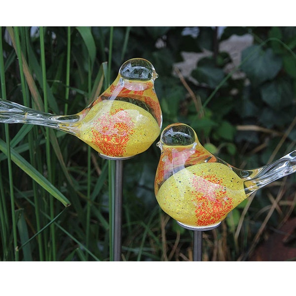 Garden Stakes Set of 2 Glass Bird Bed Stakes Pot Stakes Metal Rust Garden Decoration Patina Glass Decoration Yellow-Orange