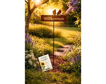 Rost Deko Willkommen Gartenstecker Metall – Gartendeko Schild  Deko Garten – Outdoor Gartenstecker – Geschenk Set